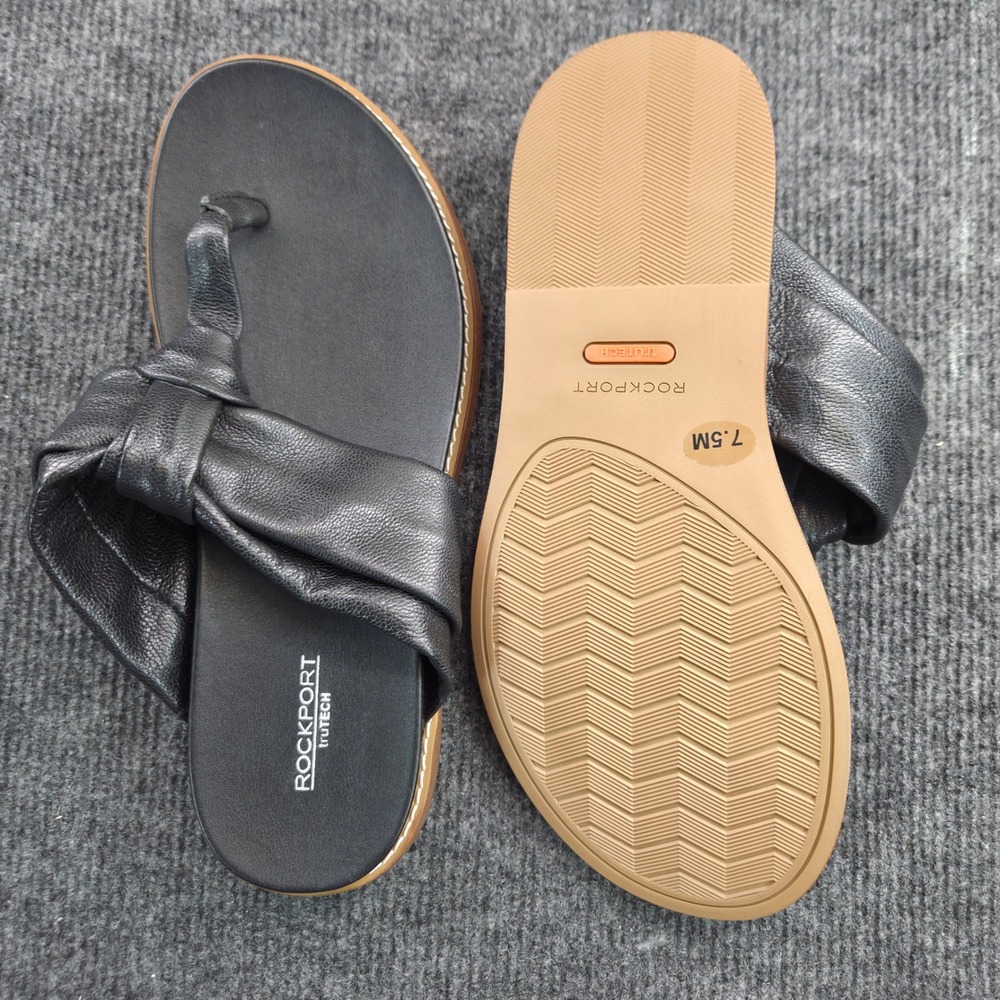 Rockport Sarra Women 7.5 Black Leather Thong Sandals Knotted Flat Summer Slides